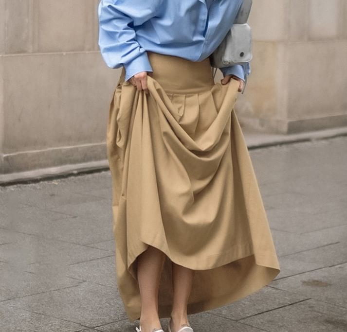 High Waist Plain Maxi Pleated Skirt