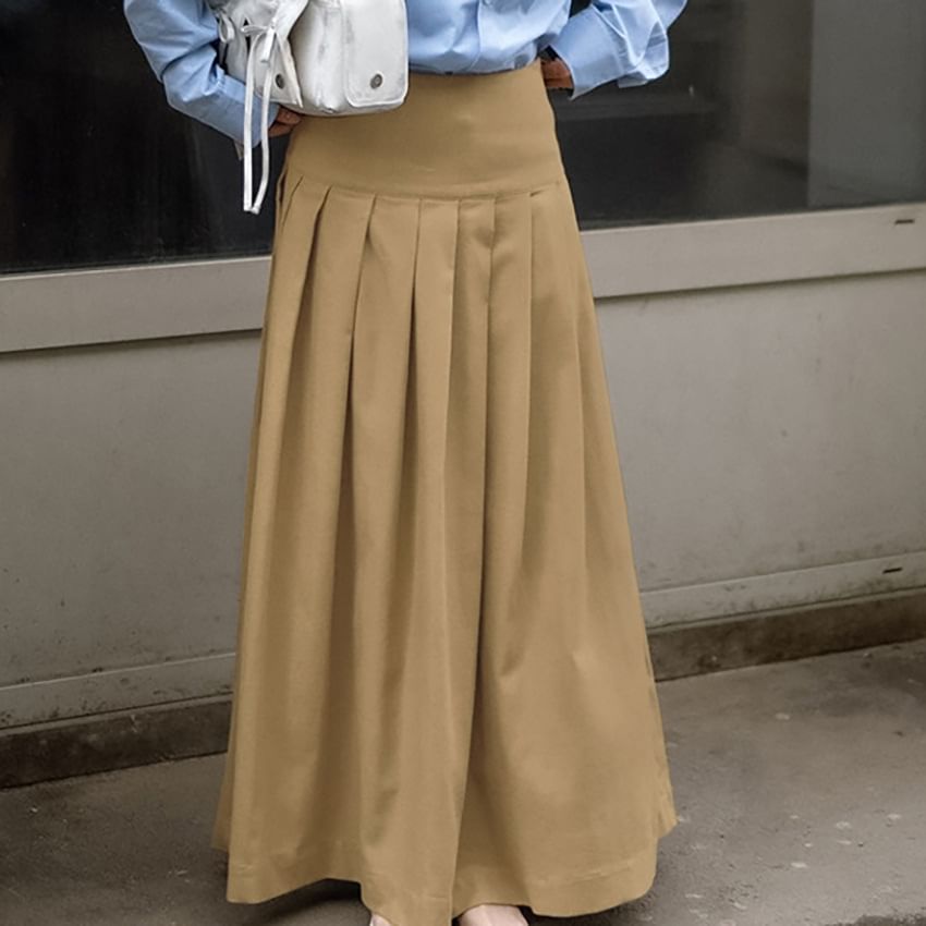 High Waist Plain Maxi Pleated Skirt
