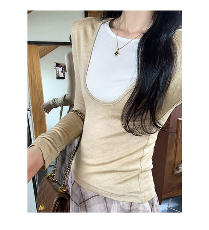 Crew Neck Mock Two-Piece Slim Fit Long Sleeve Tee