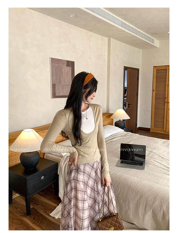 Crew Neck Mock Two-Piece Slim Fit Long Sleeve Tee