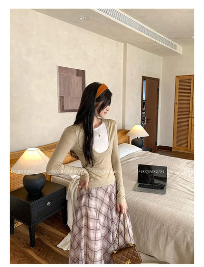 Crew Neck Mock Two-Piece Slim Fit Long Sleeve Tee