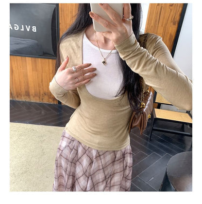 Crew Neck Mock Two-Piece Slim Fit Long Sleeve Tee