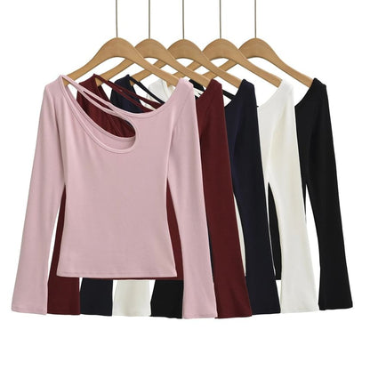 Asymmetrical Neck Cutout Slim Fit Long Sleeve Tee