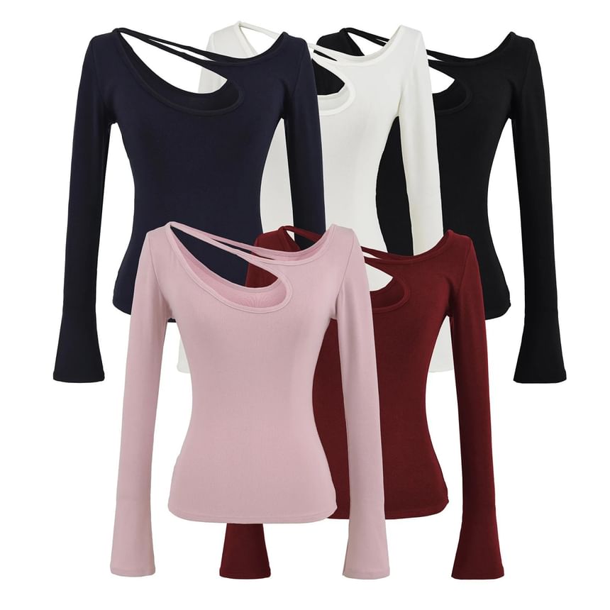 Asymmetrical Neck Cutout Slim Fit Long Sleeve Tee