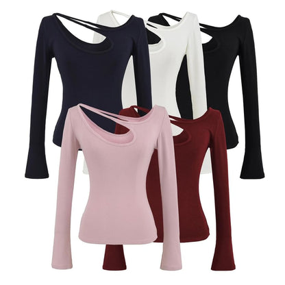 Asymmetrical Neck Cutout Slim Fit Long Sleeve Tee