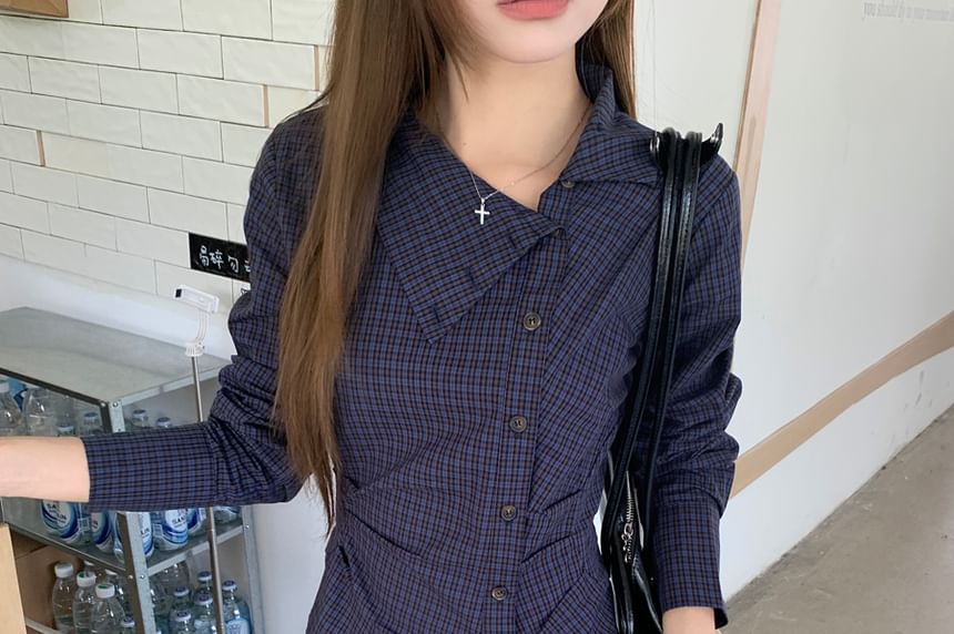 Plaid Ruched Shirt with Asymmetrical Neckline