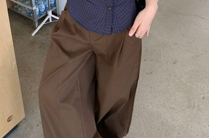 Plaid Ruched Shirt with Asymmetrical Neckline