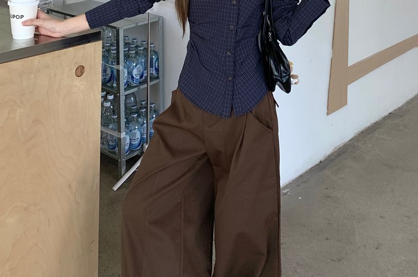 Plaid Ruched Shirt with Asymmetrical Neckline