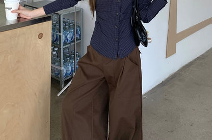 Plaid Ruched Shirt with Asymmetrical Neckline