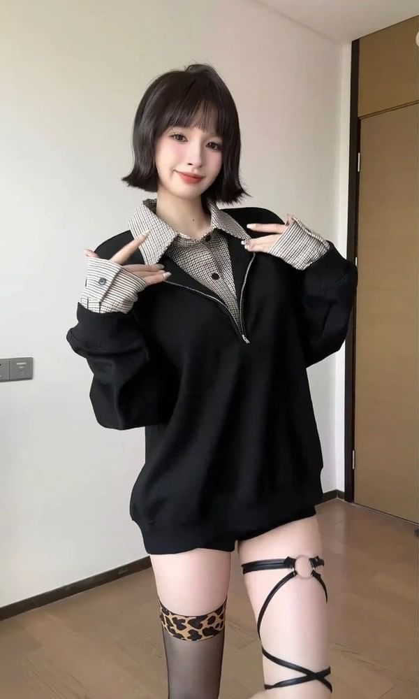 Plaid Panel Mock Two-Piece Pullover with Collar