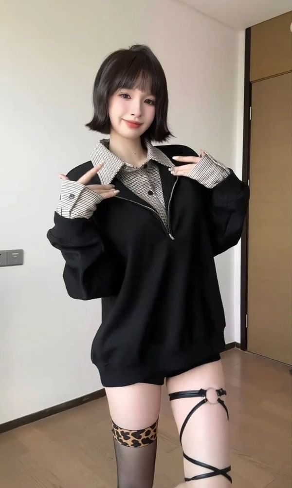 Plaid Panel Mock Two-Piece Pullover with Collar