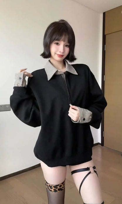 Plaid Panel Mock Two-Piece Pullover with Collar