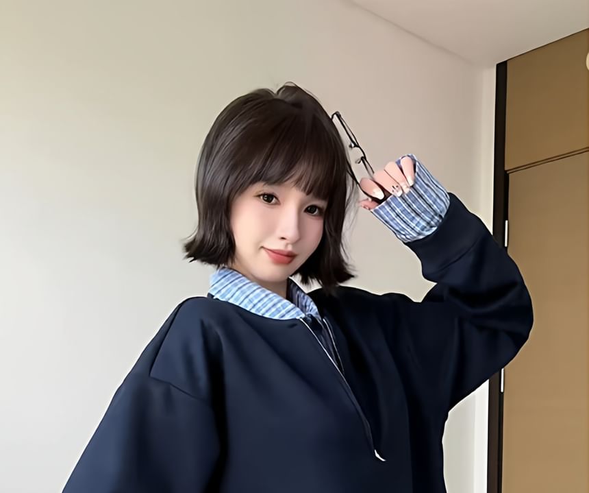 Plaid Panel Mock Two-Piece Pullover with Collar