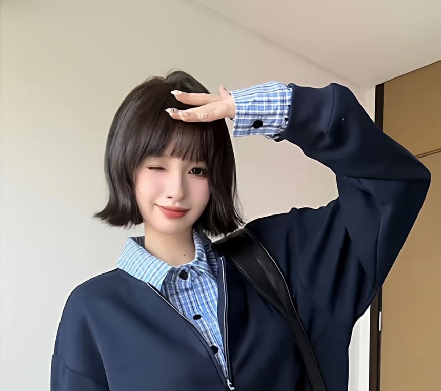 Plaid Panel Mock Two-Piece Pullover with Collar