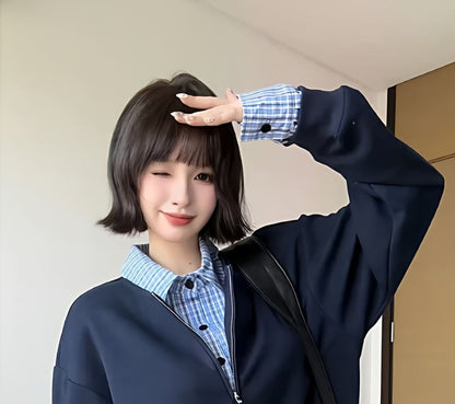 Plaid Panel Mock Two-Piece Pullover with Collar