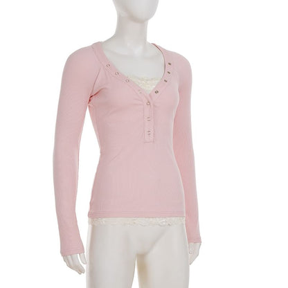 Mock Two-Piece Long-Sleeve Henley Lace Panel Slim Fit T-Shirt