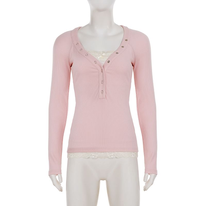 Mock Two-Piece Long-Sleeve Henley Lace Panel Slim Fit T-Shirt