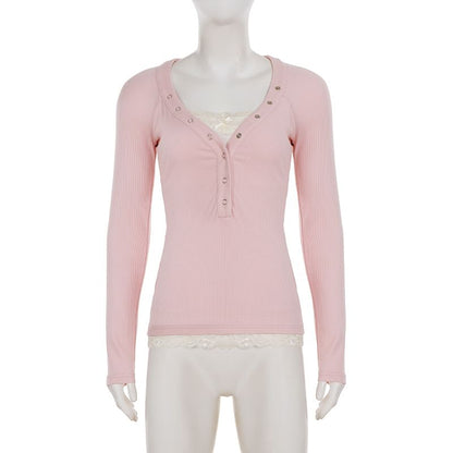 Mock Two-Piece Long-Sleeve Henley Lace Panel Slim Fit T-Shirt