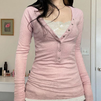 Mock Two-Piece Long-Sleeve Henley Lace Panel Slim Fit T-Shirt