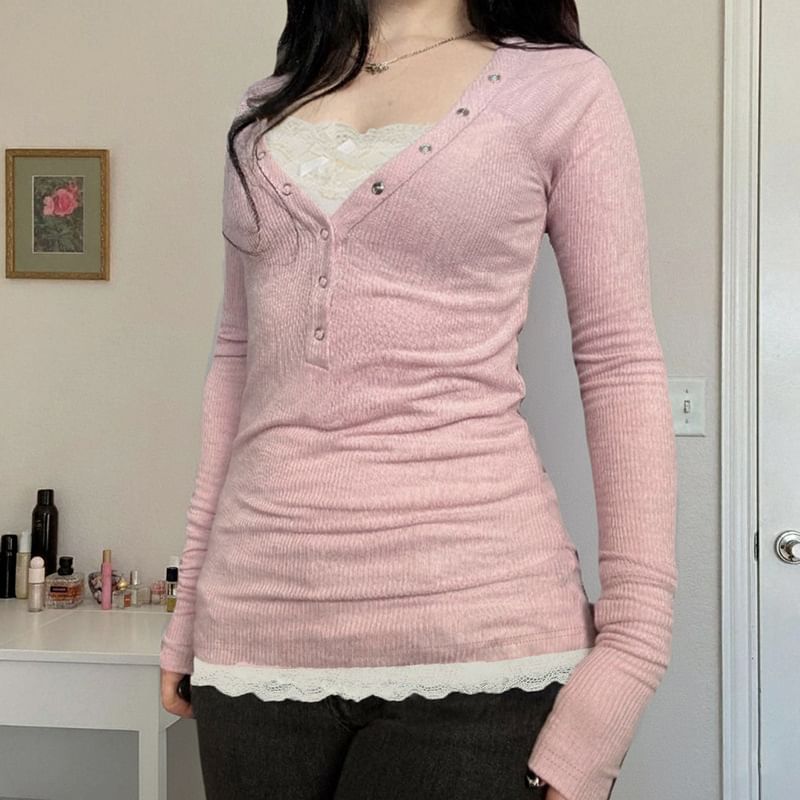 Mock Two-Piece Long-Sleeve Henley Lace Panel Slim Fit T-Shirt