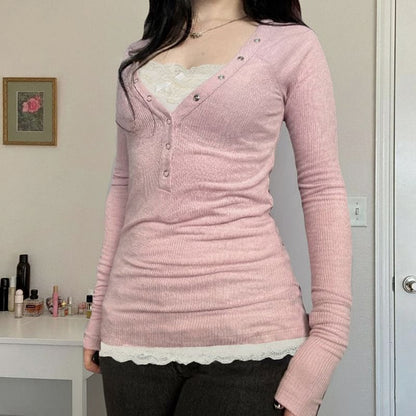 Mock Two-Piece Long-Sleeve Henley Lace Panel Slim Fit T-Shirt