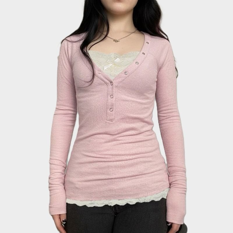 Mock Two-Piece Long-Sleeve Henley Lace Panel Slim Fit T-Shirt