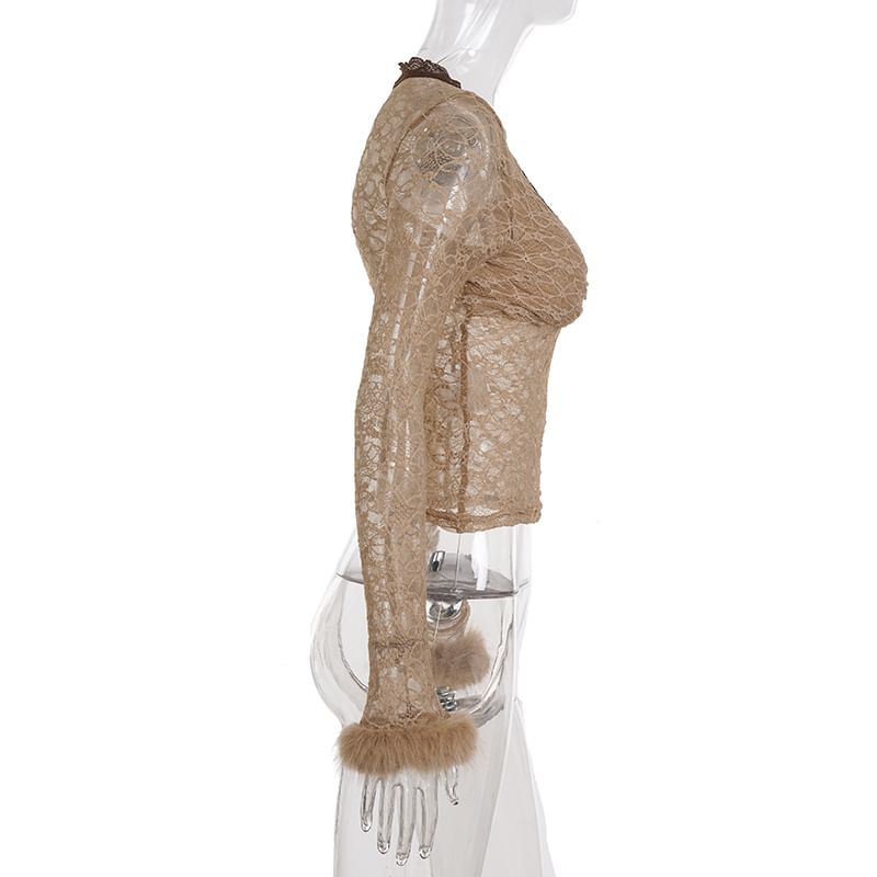 Long-Sleeve V-Neck Knot Fluffy Trim Lace Slim Fit Top