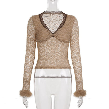 Long-Sleeve V-Neck Knot Fluffy Trim Lace Slim Fit Top