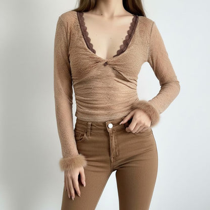 Long-Sleeve V-Neck Knot Fluffy Trim Lace Slim Fit Top