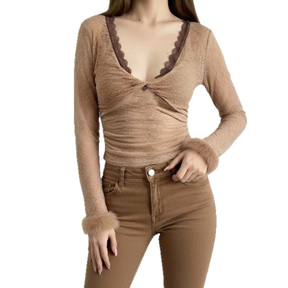 Long-Sleeve V-Neck Knot Fluffy Trim Lace Slim Fit Top