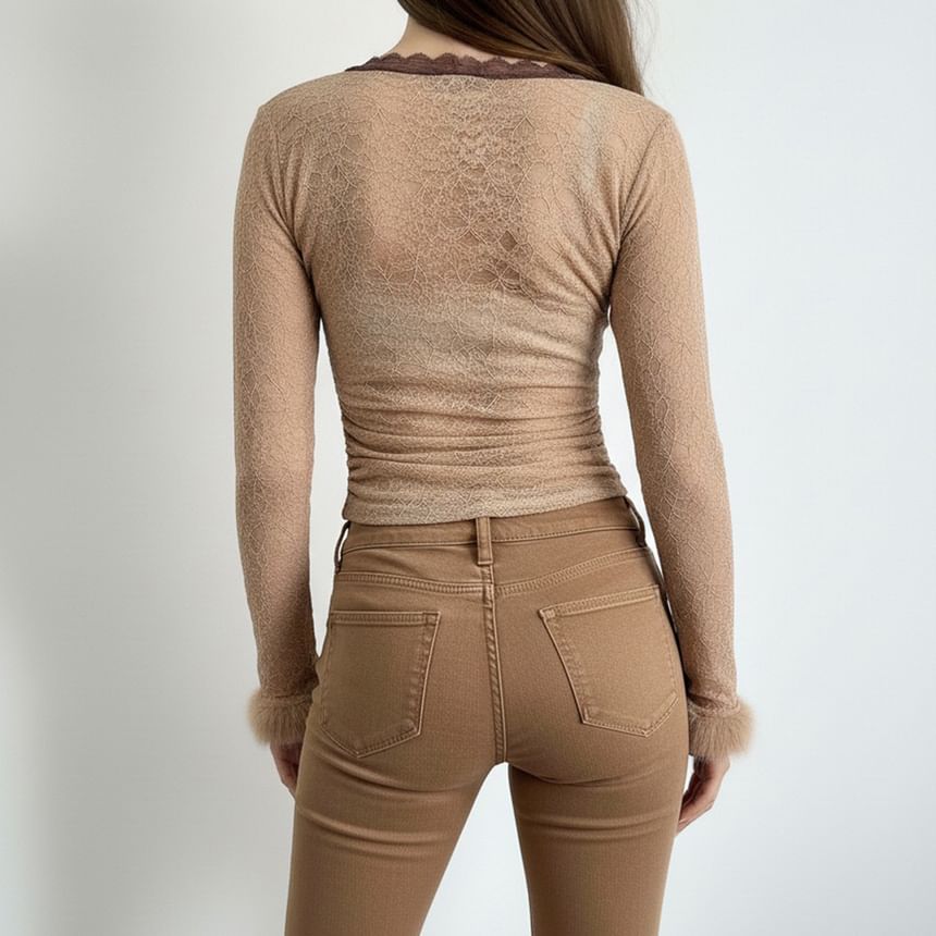 Long-Sleeve V-Neck Knot Fluffy Trim Lace Slim Fit Top