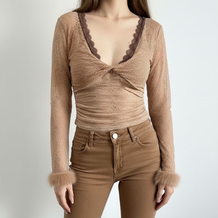 Long-Sleeve V-Neck Knot Fluffy Trim Lace Slim Fit Top