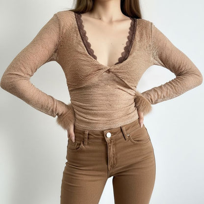 Long-Sleeve V-Neck Knot Fluffy Trim Lace Slim Fit Top