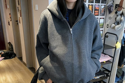Drop Shoulder Zip-Up Hoodie in Solid Color