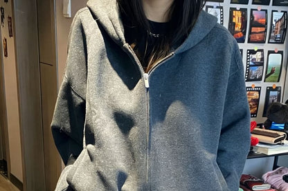 Drop Shoulder Zip-Up Hoodie in Solid Color
