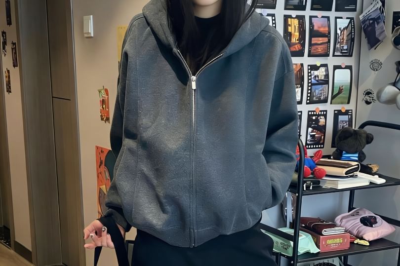 Drop Shoulder Zip-Up Hoodie in Solid Color