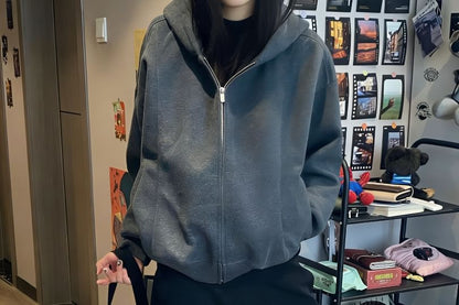 Drop Shoulder Zip-Up Hoodie in Solid Color