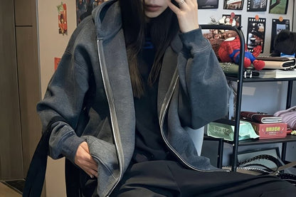 Drop Shoulder Zip-Up Hoodie in Solid Color