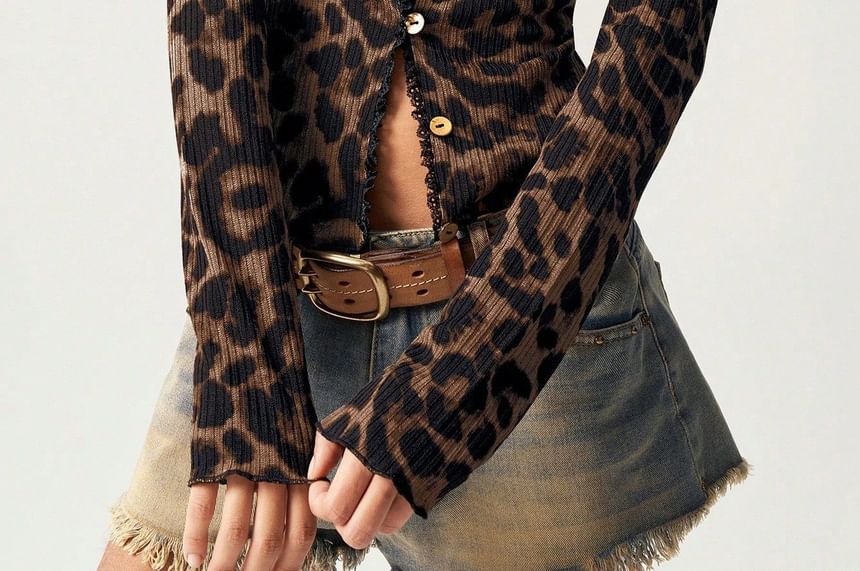 Leopard Print Button-Up Long Sleeve Top