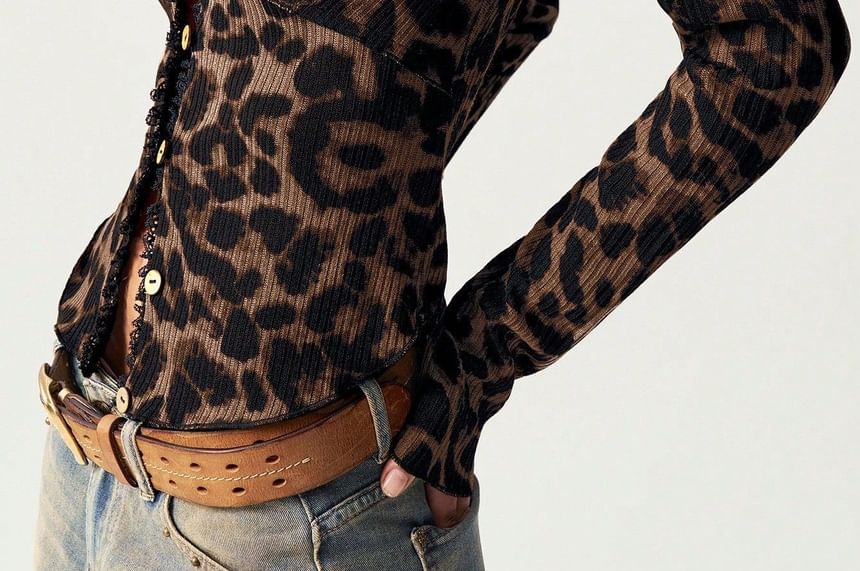 Leopard Print Button-Up Long Sleeve Top