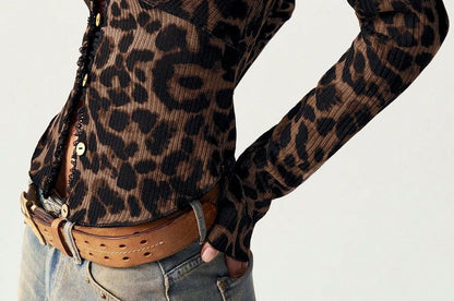 Leopard Print Button-Up Long Sleeve Top