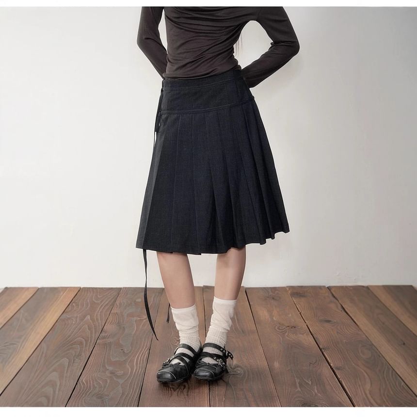 Off Shoulder Plaid Button Top with Pleated Midi Skirt