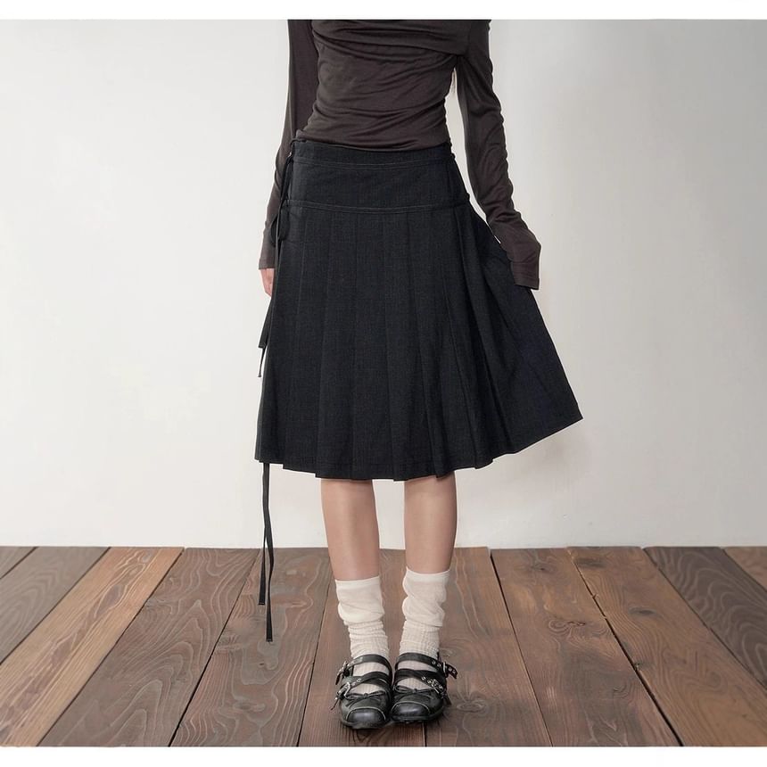 Off Shoulder Plaid Button Top with Pleated Midi Skirt