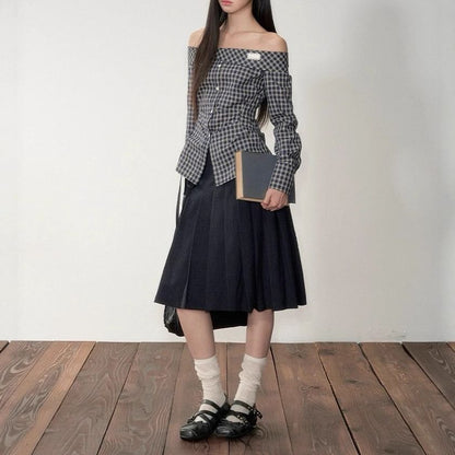 Off Shoulder Plaid Button Top with Pleated Midi Skirt