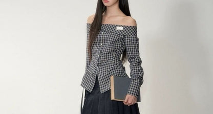 Off Shoulder Plaid Button Top with Pleated Midi Skirt
