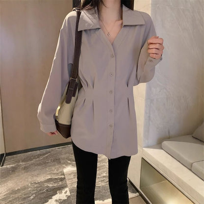 Elegant Long-Sleeve V-Neck Collared Button-Up Top