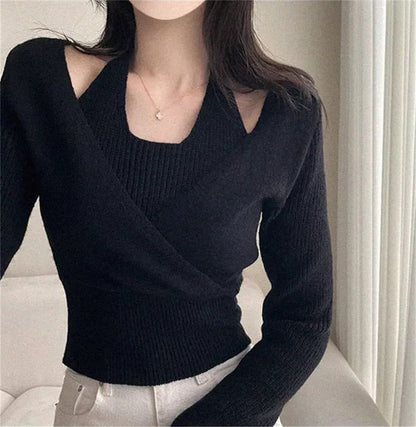 Cold Shoulder Mock Two-Piece Crop Sweater