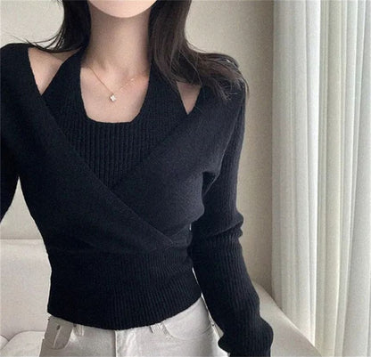 Cold Shoulder Mock Two-Piece Crop Sweater