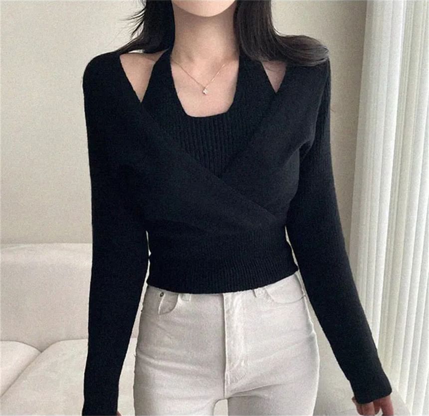 Cold Shoulder Mock Two-Piece Crop Sweater