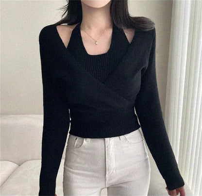 Cold Shoulder Mock Two-Piece Crop Sweater